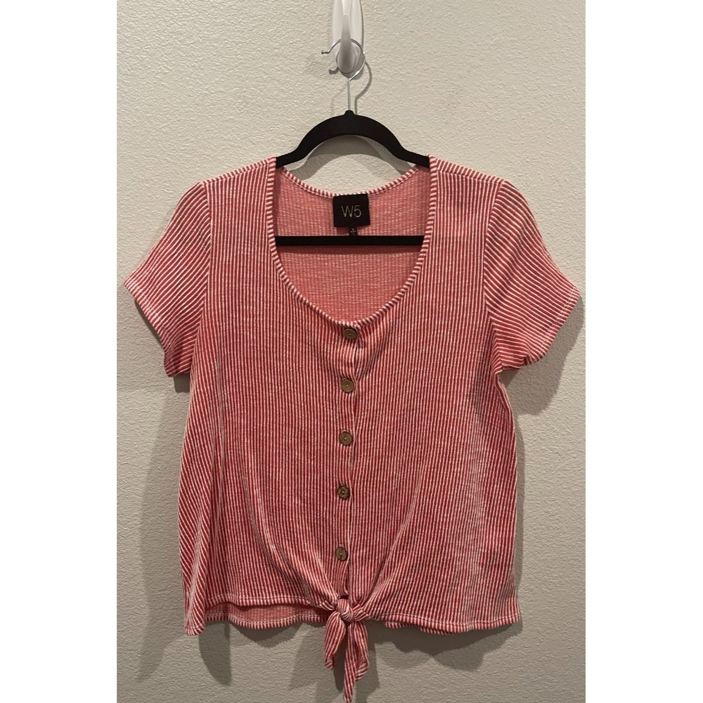 W5 White Red Short Sleeved Striped Top